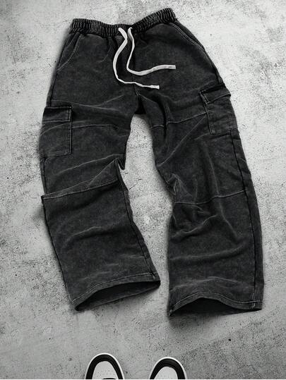 PAVTROS Pantalones cargo casuales lavados para hombres con cordón en la cintura, pantalones cargo negros, pantalones cargo negros para hombres, pantalones cargo holgados, pantalones cargo de corte holgado para hombres, pantalones cargo negros lavados para hombres, pantalones cargo negros holgados, pantalones cargo casuales holgados, pantalones holgados, pantalones de chándal, pantalones de entrenamiento