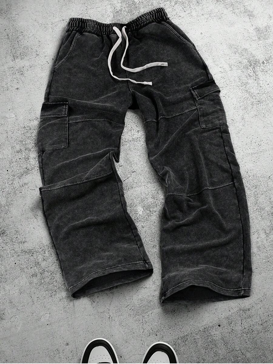 PAVTROS 男士休闲水洗工装运动裤，腰部抽绳，黑色工装牛仔裤，男士黑色工装裤，宽松工装裤，男士水洗黑色工装裤，男士黑色工装裤，宽松工装裤，休闲裤，宽松裤，运动裤，慢跑裤，宽松 - 黑色 - 查看 1