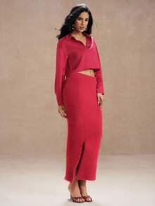 SHEIN Unity 2pcs Set: Knitted Skirt & Thick Fleece Pullover Top, Casual Autumn/Winter Outfit Red Two Pieces Set Red Two Pieces Outfit Women Women 2 Pieces Christmas Clothes Fall Outfit - Red - View 4