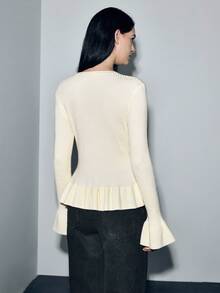 SHEIN Luminelle 杏色针织套衫，女式，喇叭形荷叶边下摆，喇叭形长袖，圆领，常规长度，纯色派对风格喇叭袖毛衣上衣，女式毛衣，冬季女式毛衣 - 杏色 - 查看 2