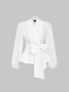 SHEIN MOD Áo cánh thời trang buộc dây phía trước tay đèn lồng màu trắng dành cho nữ, Mùa thu/Đông, Lễ Tạ ơn, Giáng sinh, Năm mới, Thường ngày - trắng - Xem 2