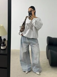 POPSWAY Sweat-shirt ample à épaule asymétrique avec imprimé léopard et décor d'étoiles, décontracté et pour l'automne/l'hiver, grande taille