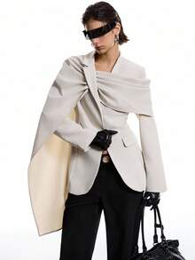 LYSMO 女士纯色不对称领长袖优雅西装外套 - 杏色 - 查看 4
