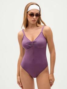 Eassivo Eassivo 净色褶饰胸围运动紧身衣 - 紫色 - 查看 3