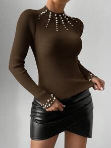 Firerie Áo len tay dài cổ đứng trang trí ngọc trai giả màu trơn vừa vặn thanh lịch thu đông dành cho nữ - Cà phê nâu - Xem 3