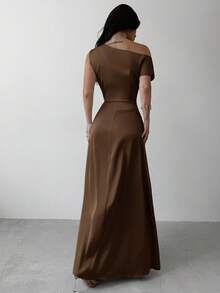 Firerie Vestido elegante asimétrico de hombro con pliegues y bajo de cola de sirena en color verde, adecuado para citas, vacaciones, bodas, eventos, regreso a la escuela, graduación, vestido de dama de honor formal