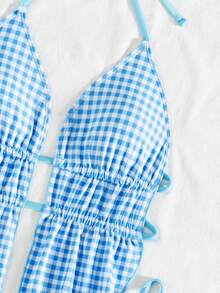 Bonvoyette Women's Plaid Print Halter Ruffle Hem Tankini Swimsuit 2 Pieces Set - Multicolor - View 5