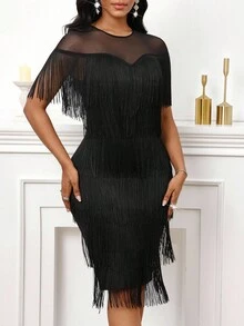 SHEIN Lady Đầm dài vừa phải thanh lịch cổ tròn tay ngắn phối lưới chắp vá thiết kế tua rua cho nữ - màu đen - Xem 5