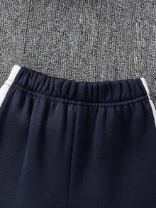 SHEIN Explorewe 2pcs/Set Young Boy Fuzzy Patchwork Colorblock Striped Sweatshirt And Pants, Suitable For Autumn/Winter Seasons, Suitable For Various Occasions - Navy Blue - View 4