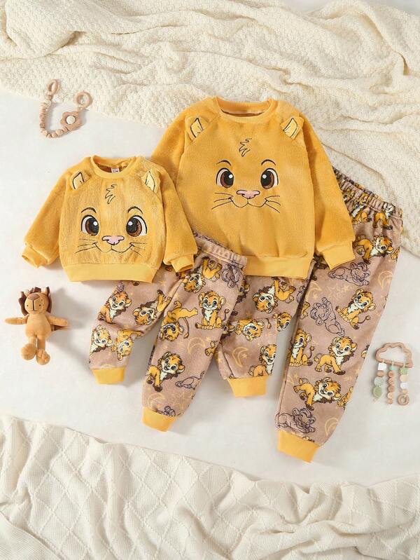 2pcs Young Boy Cartoon Graphic Plush Crew Neck Long Sleeve Top And Pants Pajama Set Kids Sleep Wear