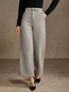 MOTF PREMIUM 斜口袋扣腰带阔腿西装裤 - 灰色 - 查看 3