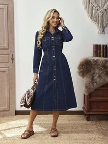 SHEIN LUNE Women's Casual Denim Dress With Long Sleeves, Single-Breasted Pockets, Suitable For Autumn - Dark Wash - View 5