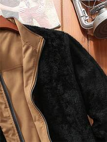 Manfinity Homme Veste zippée à doublure thermique de couleur unie pour hommes, manches longues, chaude pour l'automne/l'hiver, veste décontractée marron - Kaki - Voir 3