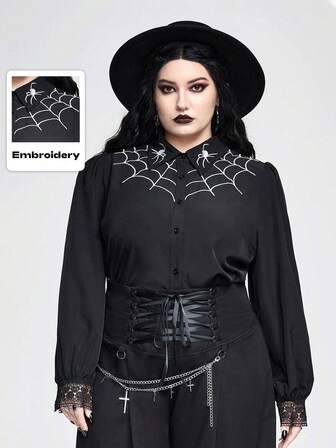 Blouse grande taille avec broderie de toile d'araignée gothique sombre