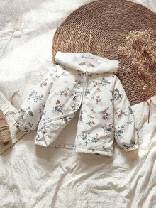 SHEIN Vintaside Kids 年轻女孩冬季长袖连帽可爱时尚数码印花夹克，为户外旅行提供充足的温暖保护，时尚实用，让宝宝在冬季冒险中保持温暖和时尚 - 彩色 - 查看 4