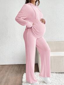 SHEIN 2 Peças Conjunto de Maternidade: Moletom com Capuz de Manga Longa com Ombros Caídos e Cor Sólida, e Calça com Cintura Ajustável, Casual