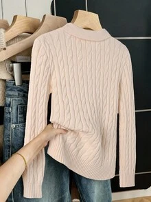 Franclia Women's Solid Color Half-Zip Long Sleeve Fashionable Cable Knit Sweater - Apricot - View 2