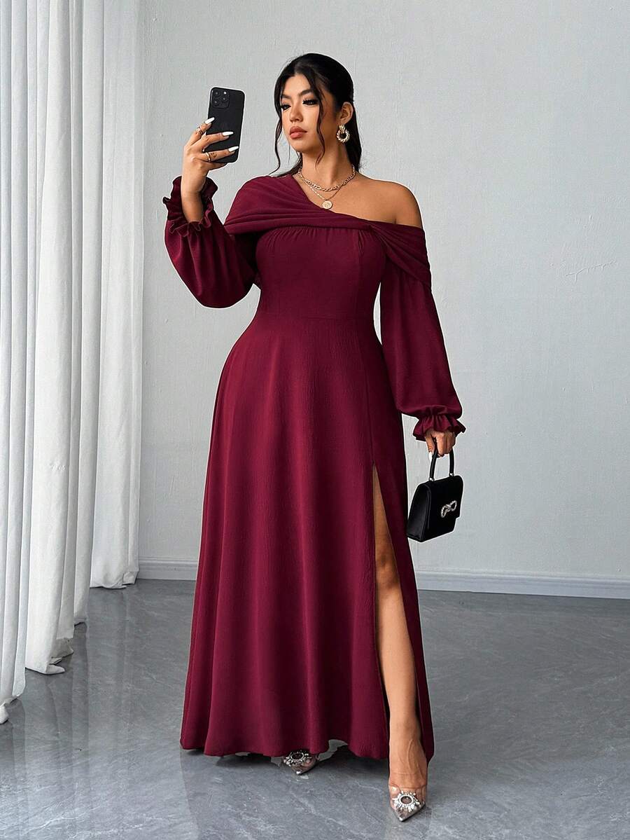 Elenzga 大码女式优雅浪漫派对/婚礼宾客雪纺不对称领口长袖 A 字高开衩长裙，春/秋/冬 - 酒紅色 - 查看 1