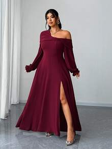Elenzga 大码女式优雅浪漫派对/婚礼宾客雪纺不对称领口长袖 A 字高开衩长裙，春/秋/冬 - 酒紅色 - 查看 3
