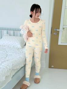 DAZY 2 件套 Tween 女童蝴蝶结印花针织保暖内衣套装，秋季 - 米色 - 查看 5