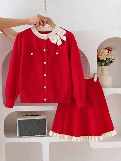 SHEIN Genkimix Kids 青少年女孩毛衣套装，优雅 3D 蝴蝶结荷叶边下摆毛衣套装，开衫 + 裙子两件套，舒适长袖针织毛衣套装，适合秋冬季日常穿着、旅行、外出