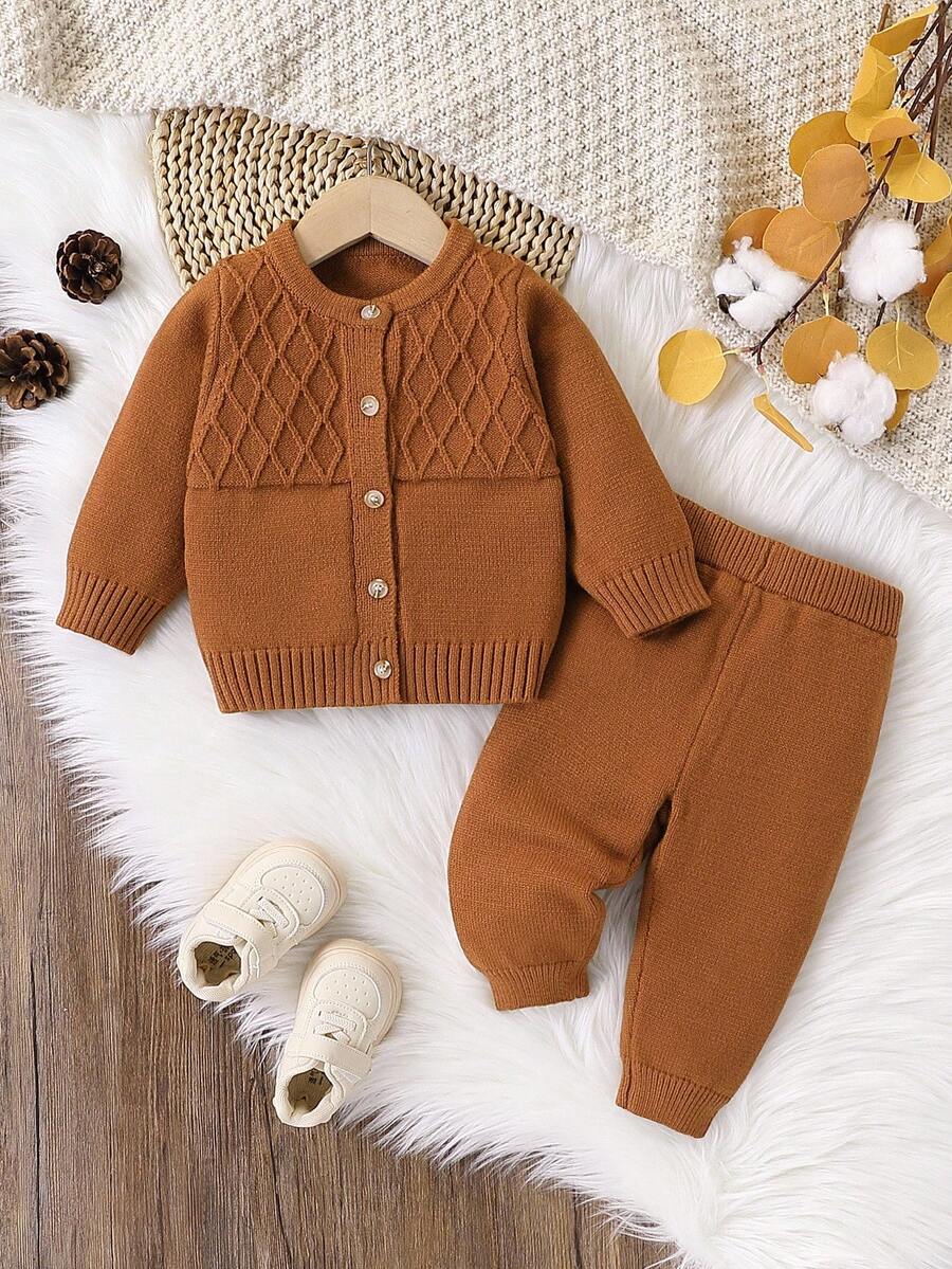 SHEIN 2pcs Baby Boys/Girls Brown Autumn Knitted Sweater & Pants Set,Modest Round Neck Long Sleeve Cable Outfit,Matching Family Casual Daily Home Clothes - Brown - View 1