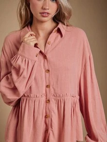 WESTFADE Collared Button Front Ruffle Peplum Long Sleeve Shirt Cute Fall Tops, Casual Cowgirl, Fall, Autumn, Boho, Winter, Country Concert, Western Wear For Women - Pink - View 4
