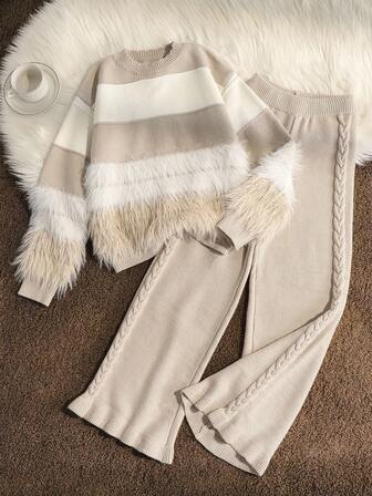 Genkimix Kids 2 件套女童毛绒针织毛衣和荷叶边下摆裤子套装，秋冬