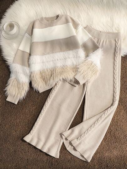 SHEIN 2pcs/Set Girls Fuzzy Knit Sweater And Ruffle Hem Pants Outfit, Autumn/Winter Fall