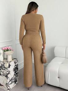 Xyvia Women's Elegant Fitted Solid Color Long Sleeve Top And Loose Pants Knit Two Pieces Set, Autumn/Winter