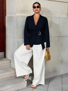 Easura Fashionable Casual Waist-Cinched Elegant Commuter Asymmetric Golden Button Blazer - Navy Blue - View 3