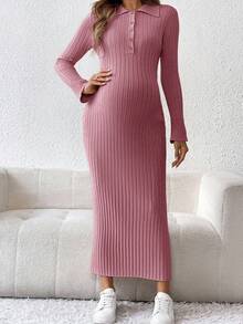 SHEIN Maternity Casual Solid Color Ribbed Button Half-Placket Sweater Dress,Long Sleeve Pink Pregnancy Clothes For Autumn,Smart Casual Baby Shower Outfit - Dusty Pink - View 4