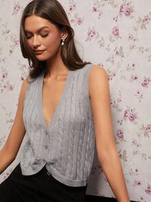 Enchnt Autumn/Winter Romantic Women's Casual Grey V-Neck Versatile Knit Vest,  Sweet&Elegant&Fashionable For Vacation&Date&Holiday&Birthday&Party&Graduation&Wedding Guest&Office&Going Out,Back To School,Fall Sweaters For Women,Autumn Clothes - Light Grey - View 5