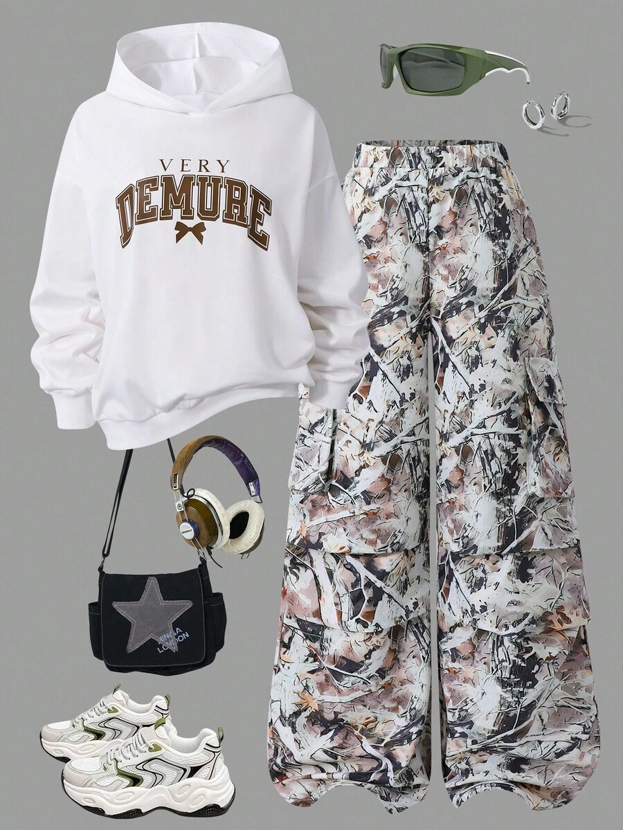 Sparklyn Bộ 2 áo hoodie dài tay trễ vai in chữ cho bé gái tuổi teen và quần cargo in hình cành cây, trang phục thường ngày mùa thu - Nhiều màu - Xem 1