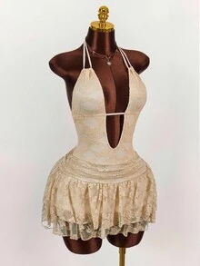 Amplova 女式杏色蕾丝迷你连衣裙，性感波西米亚风，Y2K 风格，适合居家、外出、秋冬派对 - 杏色 - 查看 6