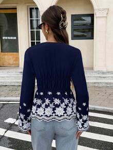 Serisse Women's Floral Embroidery Deep V-Neck Tie Front Flare Sleeve Fashionable Blouse Winter Casual Blue Spring - Blue - View 2