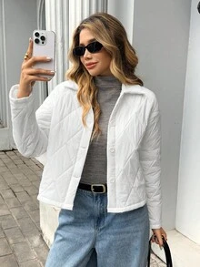 Chiquease Chaqueta acolchada con cuello de botones frontales casual para mujer, otoño/invierno - Albaricoque - Ver 1