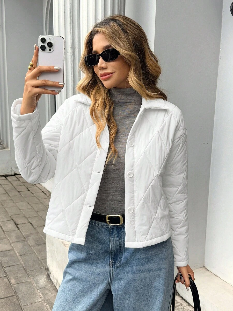 Chiquease Chaqueta acolchada con cuello de botones frontales casual para mujer, otoño/invierno - Albaricoque - Ver 1