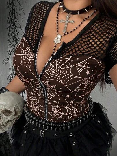 Whyspr Plus Size Women Spider Web Print Zipper Collar Dark Style Patchwork T-Shirt