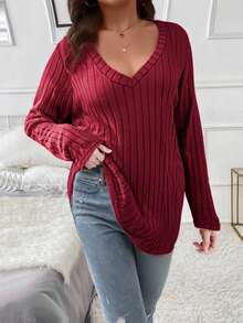 SHEIN 大码纯色 V 领长袖休闲 T 恤