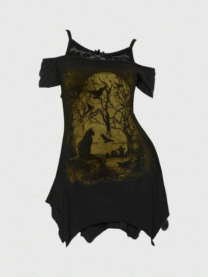 Gothic Dark Forest Crow & Dead Tree Pattern Off-Shoulder Strap Asymmetric Hem Contrast Lace Black Gothic Vine Short Sleeve Women T-Shirt