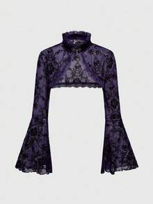 ROMWE Gothic Versatile Slit Flare Sleeve Women Retro Flocked Floral Cardigan - Purple - View 5