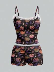 Shutterstock Glamance Halloween Sexy Pumpkin, Ghost, Bat, Spider Web Cute Print Lace Camisole And Ruched Shorts 2 Pieces Set, Suitable For Halloween, Party, Intimate Apparel