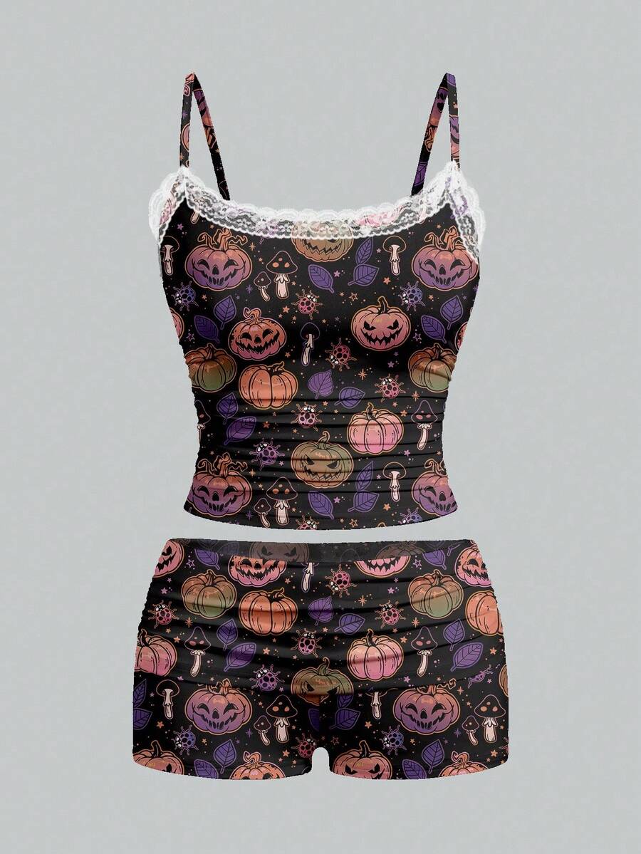 Shutterstock Glamance Halloween Sexy Pumpkin, Ghost, Bat, Spider Web Cute Print Lace Camisole And Ruched Shorts 2 Pieces Set, Suitable For Halloween, Party, Intimate Apparel