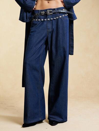 Easelle Women's Fashion Commuter Low Waist Wide Leg Jeans 2 Piece Denim Sets Woman Denim And Diamonds Jean Sets For Women Jean 2 Piece Set Western Jeans