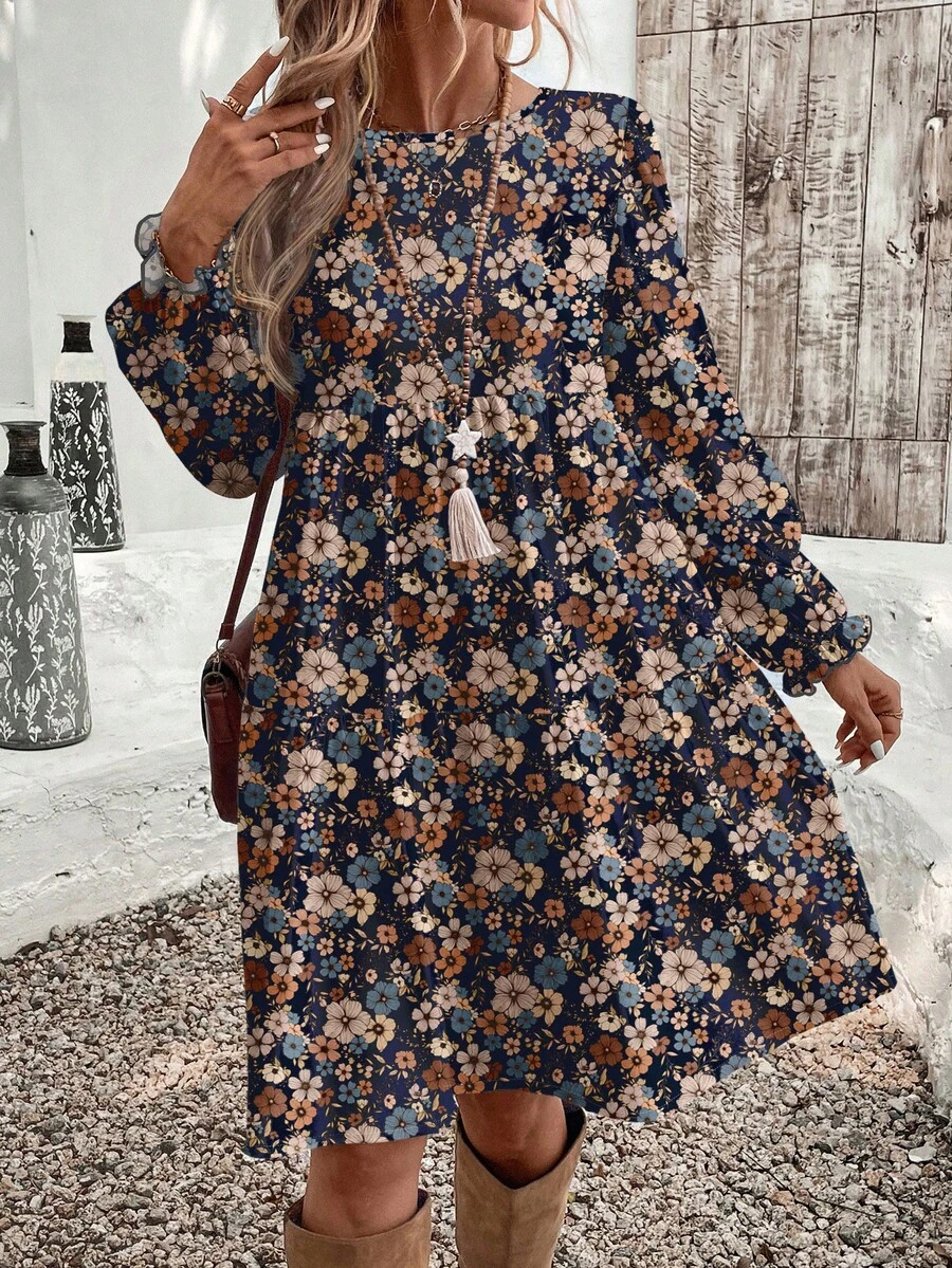 SHEIN LUNE 秋冬休闲优雅女士中长连衣裙 - 藏蓝色 - 查看 1