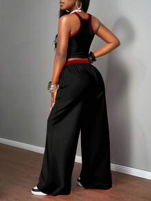 Slaydiva Bộ 2 món đồ thời trang đường phố đơn giản cho nữ, áo hai dây bó sát và quần ống rộng, thích hợp mặc dạo phố - màu đen - Xem 2