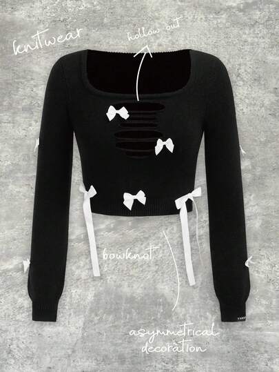 Y2Kool BiGraphic Black Ripped Bowknot Dark Sweet Spicy Punk Y2K Baddie Streetwear Cropped Long Sleeve Sweater, Suitable For Autumn/Winter Parties, Gatherings, And Daily Wear Matching Idea Stylish Clothing Collection New Year Outfits