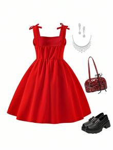 Sparklyn 女童可爱无袖中长连衣裙，蝴蝶结，褶皱面料，珍珠装饰，优雅派对、休闲装、夏季 - 紅色 - 查看 2