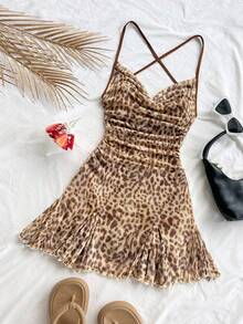 Soleia Vestido mini de tirantes finos para vacaciones de mujer, con cuello drapeado, espalda descubierta, lazo, cola de pez, estilo sexy, vestido mini, longitud té, compras, romántico, cita, atuendo de playa, malla, joven, femenino - Multicolor - Ver 6